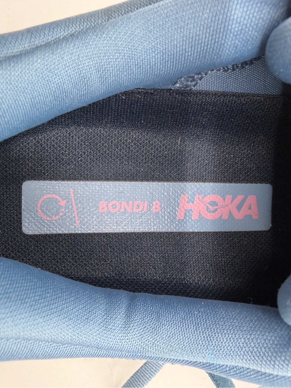 Hoka Women's Bondi 8 Shadow/Dusk blue colorway with pink and lime green details. - Picture 7 of 9